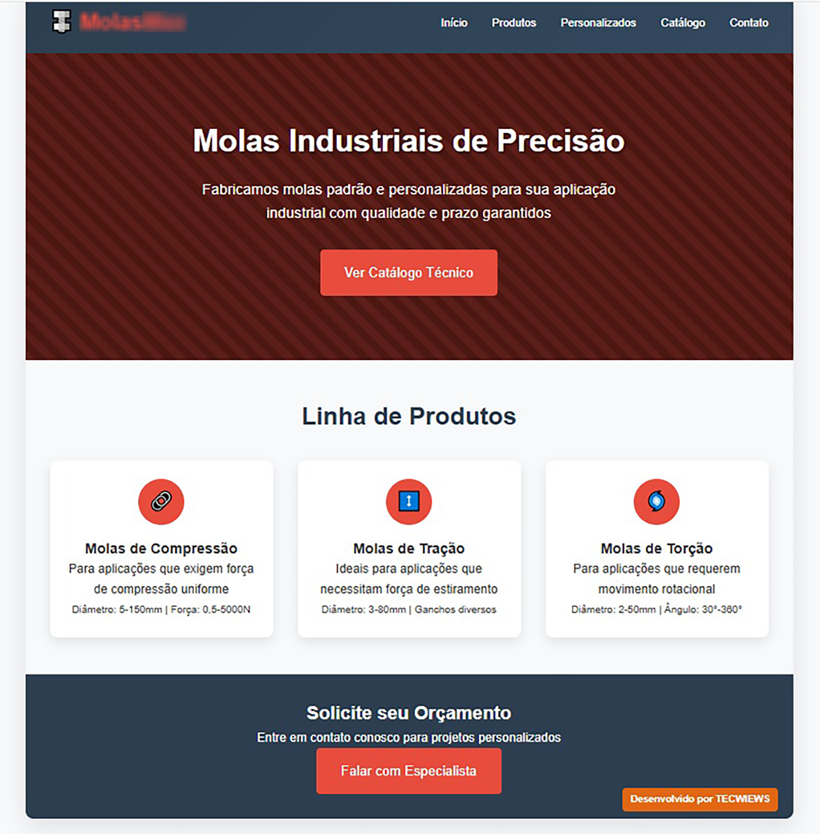 Site profissional e catálogo digital para indústria de molas - 40% redução no atendimento